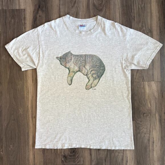 Vintage 1990s Cat T-Shirt Men's Size L Gray Napping Kitty - Picture 1 of 6